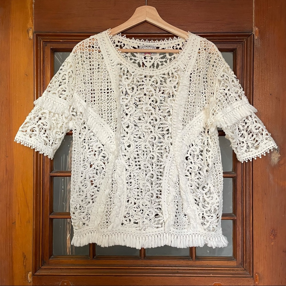 ANTHROPOLOGIE OPEN LACE & FRINGE TOP